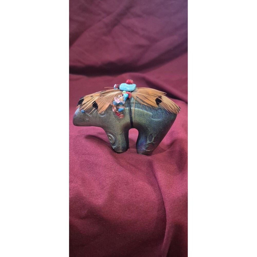 Raku Pottery Spirit Bear Fetish w Feathers & Beads By Jeremy Diller Signed